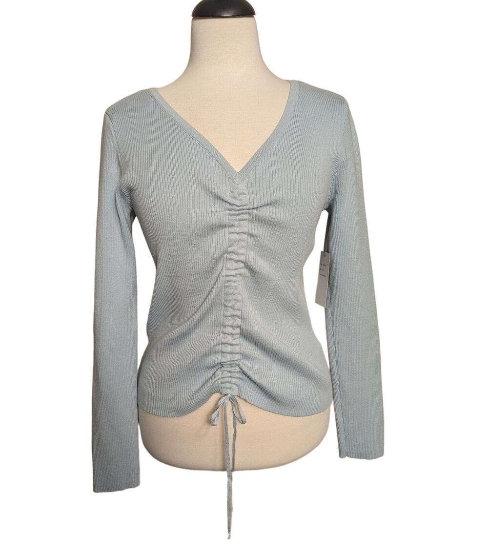 New Nikka K Medium Light Blue V-neck Center Drawstring Cinch Ribbed Sweater